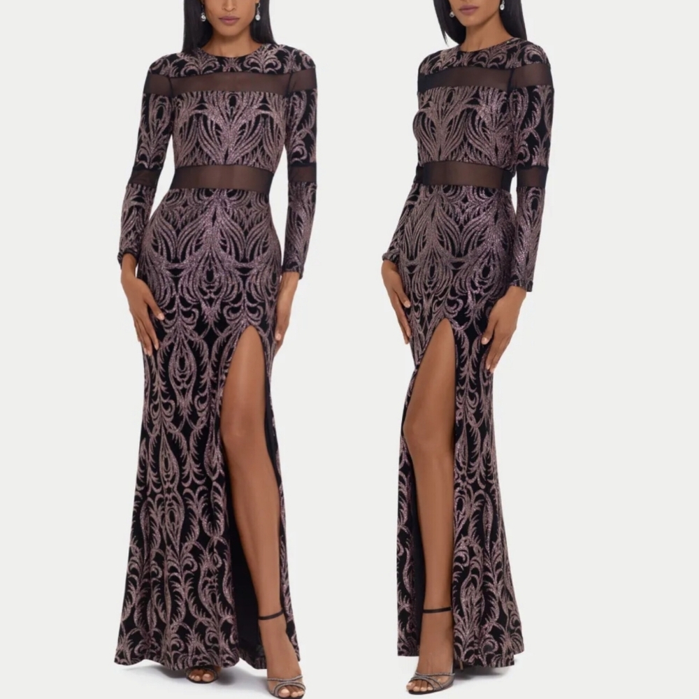 🔥BETSY & ADAM Long Sleeve Illusion Slinky Glitter Gown